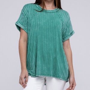 Ribbed Raglan Dolman Sleeve Boat-Neck Top in Kelly Green size S/M